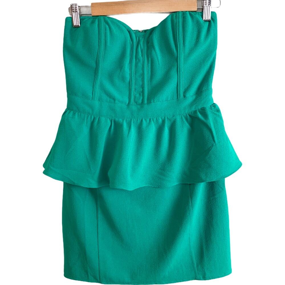 Urban Outfitters Pins Needles Kelly Teal Green Peplum Strapless Sheath Dress 4 S